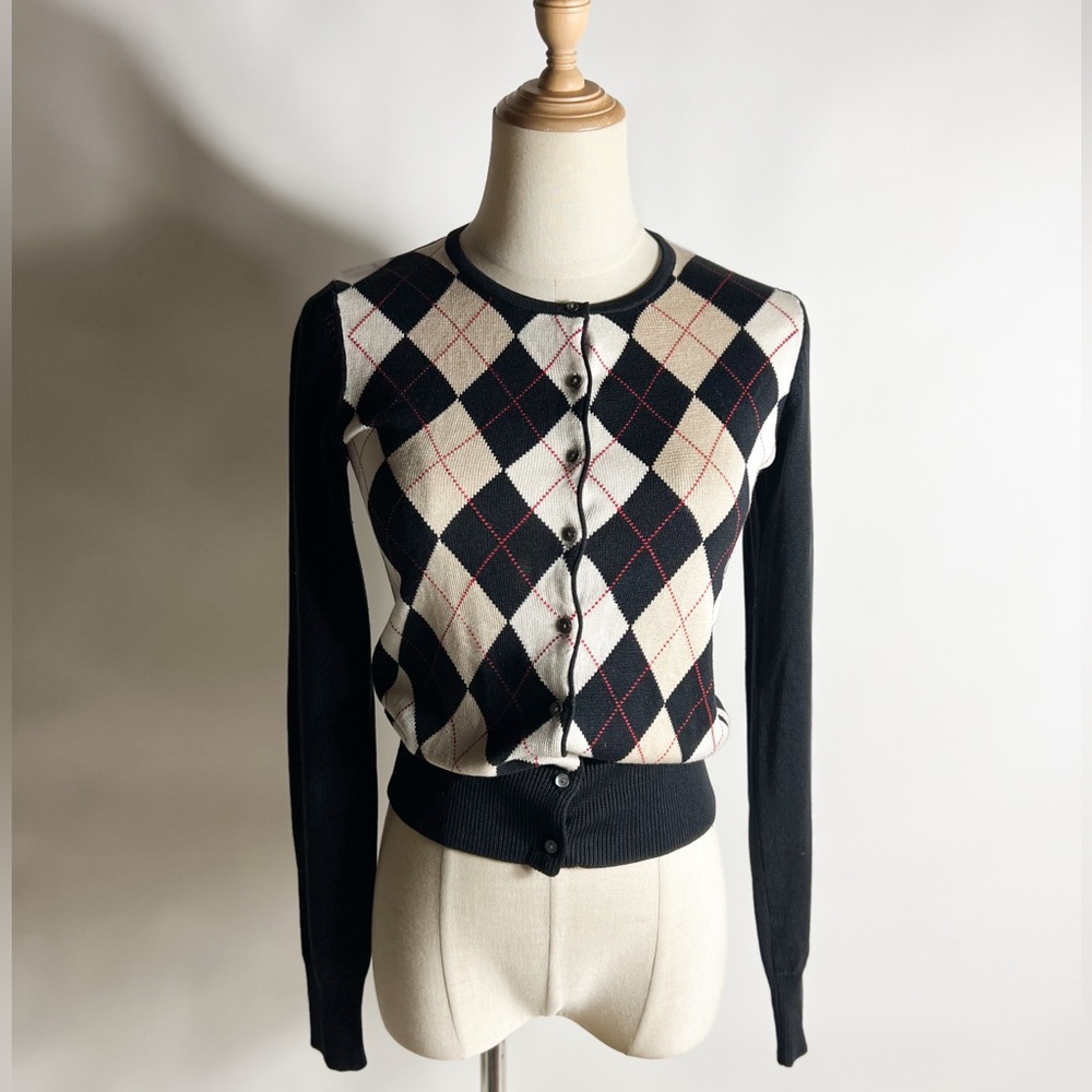 VINTAGE 90s ANN TAYLOR SILK Argyle Patterned Black and White Women's Sweater XS